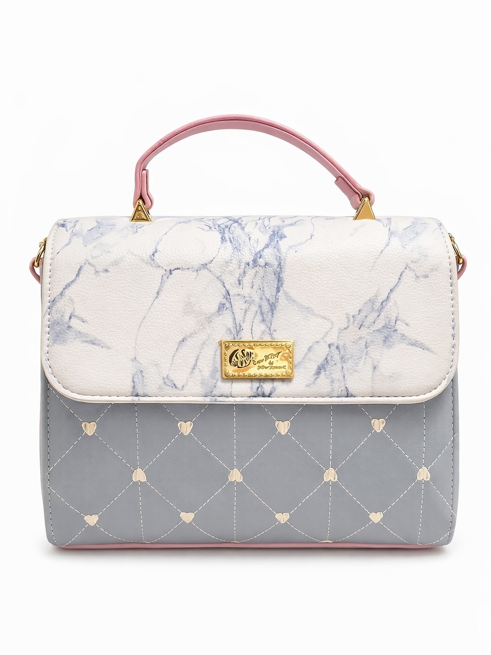 Marble-Print Top Handle Mini Bag in White, Gray & Pink